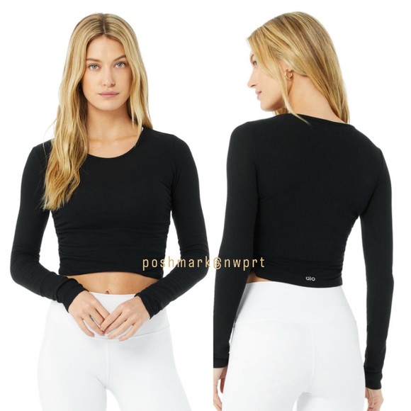 NWT ✨ ALO YOGA Gather Long Sleeve Ribbed Crop Tee Top Shirt Black XS - Picture 3 of 8